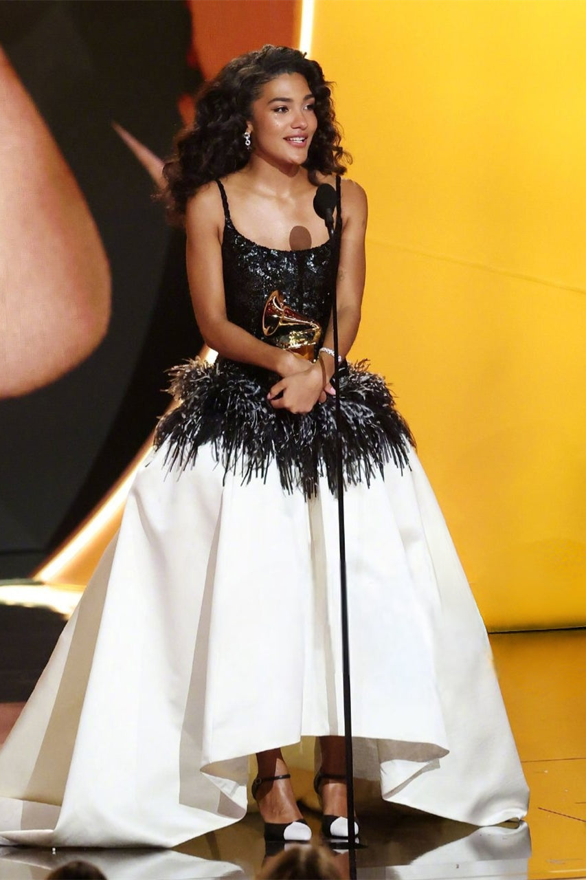 Spaghetti A-line Black and White Formal Dresses With Sequins and Feath Berryera Spaghetti A-line Black and White Formal Dresses With Sequins and Feath Berryera