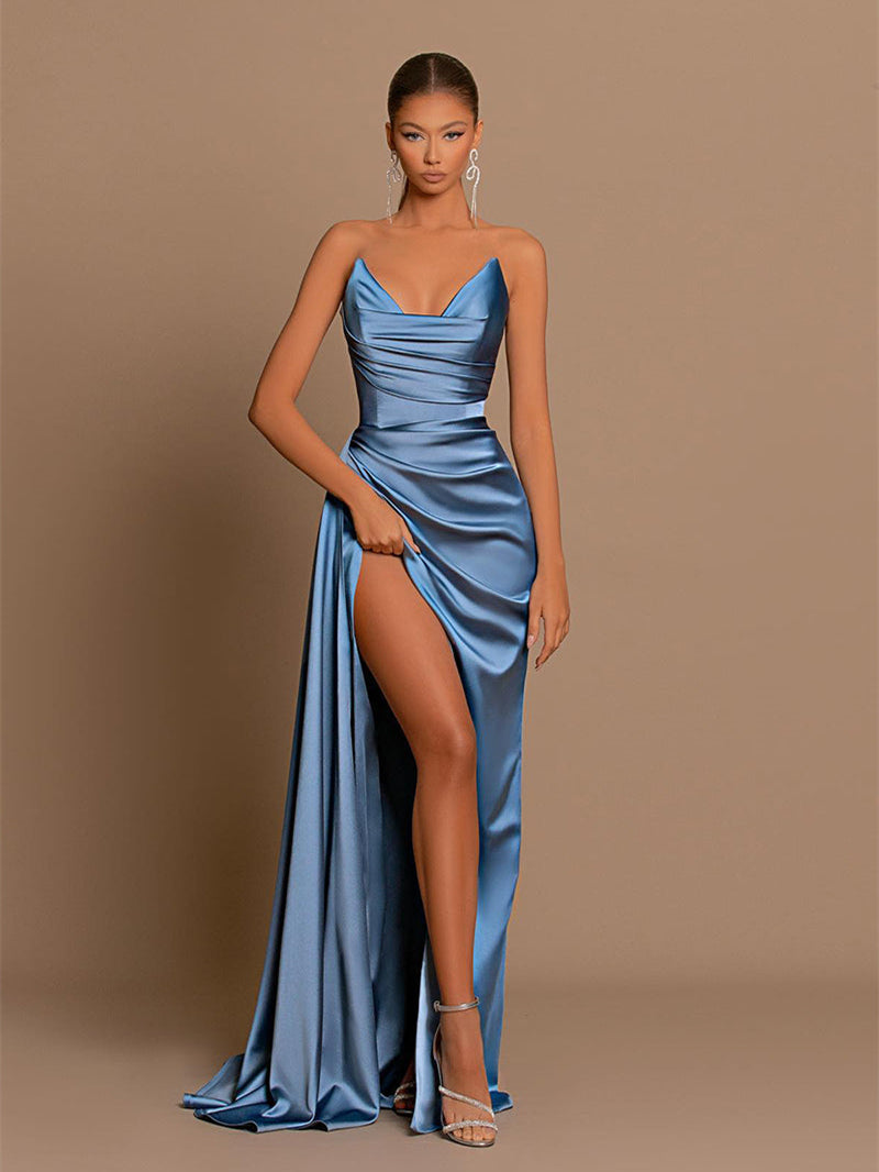 Soft Satin Chic Long Prom Dresses, Sexy High Slit Prom Dresses, Newest 2024 Prom Dresses