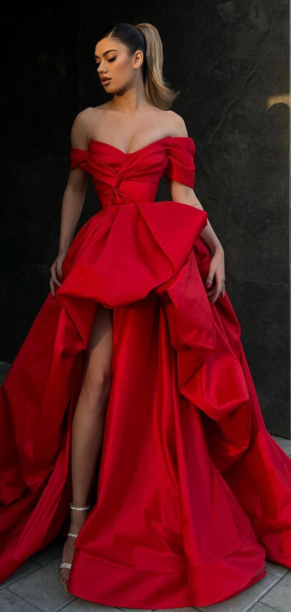Off the Shoulder Red Satin Ball Gowns, High Slit Prom Dresses, Red