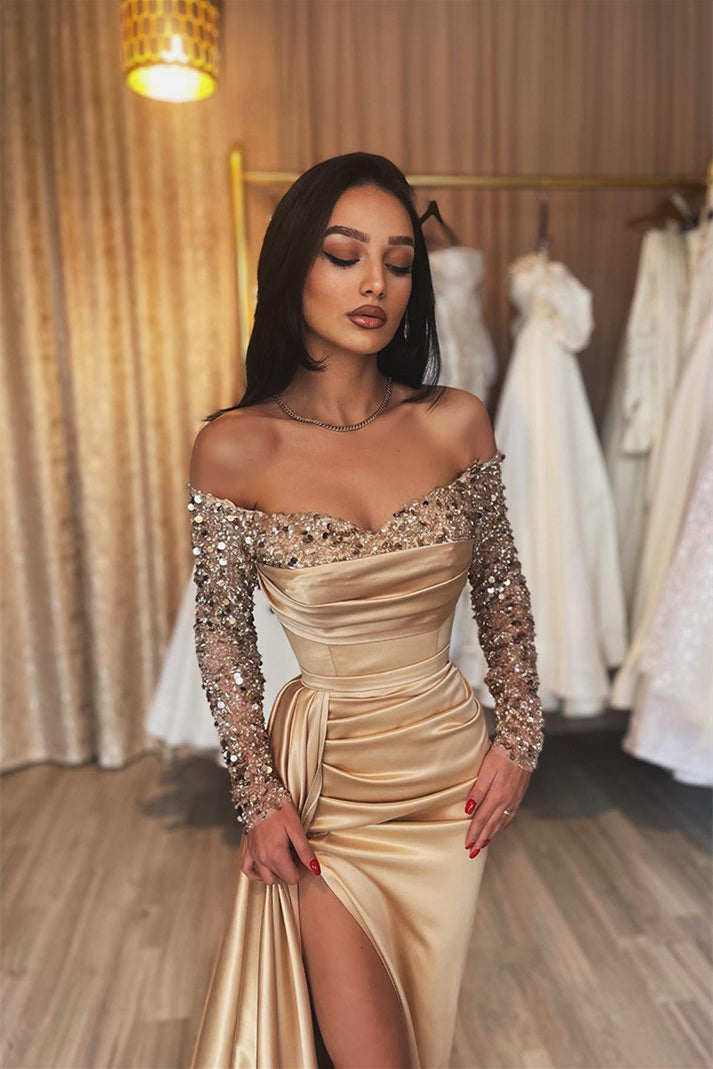 Champagne Gold Rhinestone Beaded Prom Dresses, High Slit Sexy Mermaid – Berryera