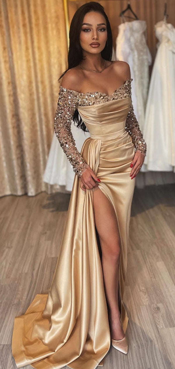 Champagne Gold Rhinestone Beaded Prom Dresses, High Slit Sexy Mermaid Berryera Champagne Gold Rhinestone Beaded Prom Dresses, High Slit Sexy Mermaid Berryera
