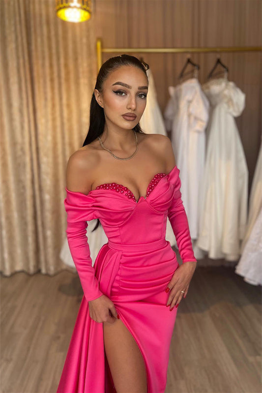 Off the Shoulder Hot Pink Prom Dresses With Side Train, High Slit Sexy Berryera Off the Shoulder Hot Pink Prom Dresses With Side Train, High Slit Sexy Berryera