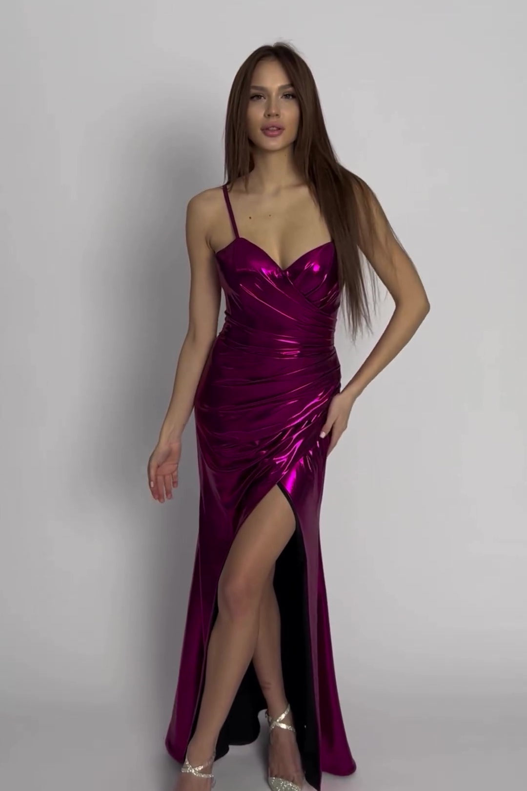 Spaghetti Long Sheath Metalic Shiny Long Prom Dresses, Simple Evening Gown, Chic Bridesmaid Dresses, Wedding Guest Dresses, 2024 Prom Dresses