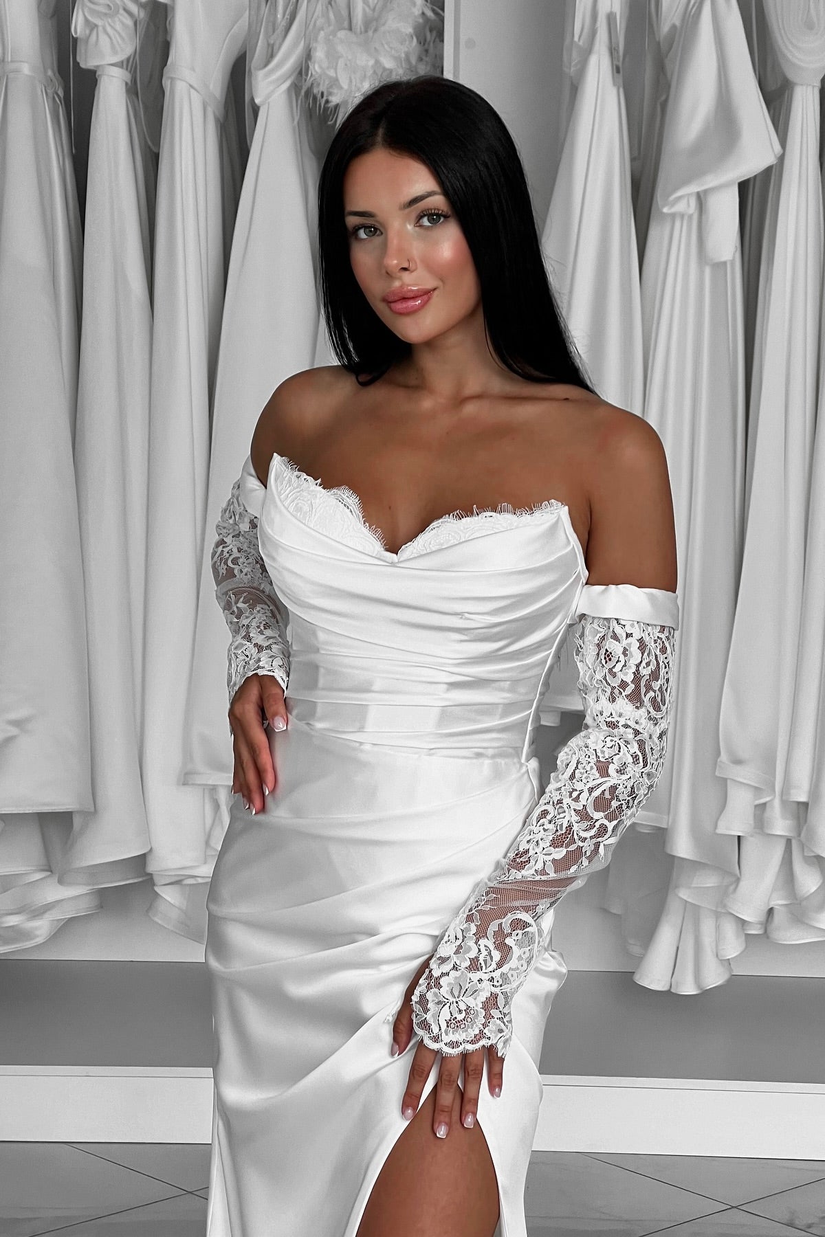 2 Pieces Mermaid Satin Gown With Detachable Lace Sleeves, High Slit Wedding Dresses, Bridal Gown