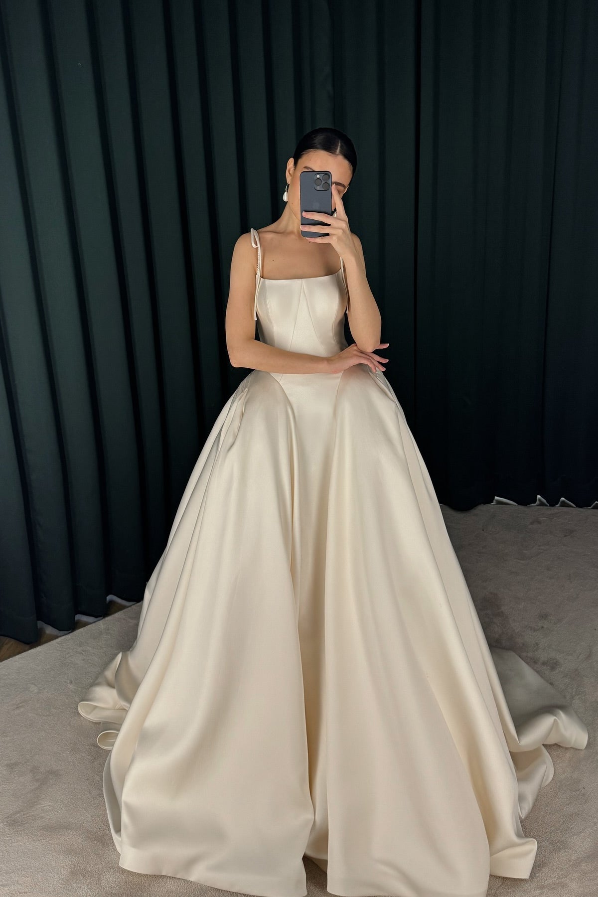 Spaghetti Square Neckline Shemmering Satin Wedding Dresses, Elegant Bridal Dresses, Long Wedding Dresses