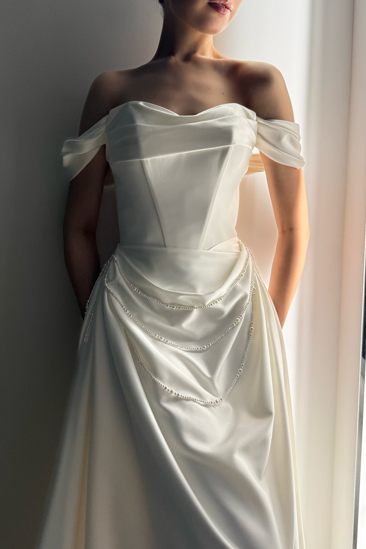 Off Shoulder Chic Soft Satin Wedding Dresses With Pearls, Newest Wedding Dresses, Bridal Gown