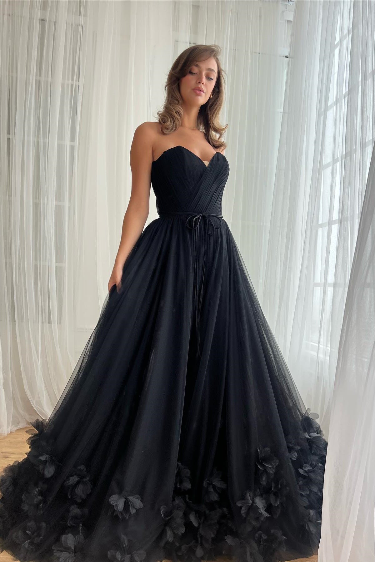 Strapless Black Tulle Prom Dresses, 3D Floral A-line Prom Dresses, Newest Prom Dresses