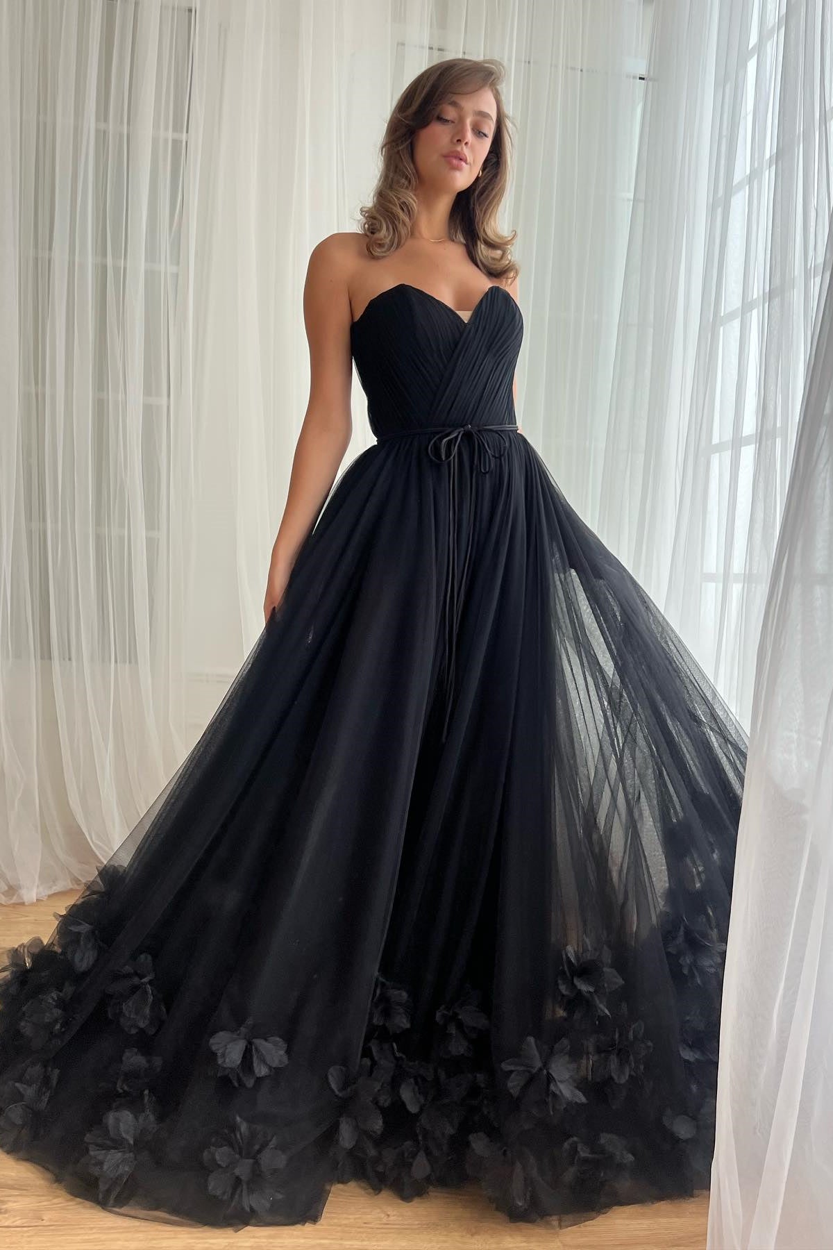 Strapless Black Tulle Prom Dresses, 3D Floral A-line Prom Dresses, Newest Prom Dresses