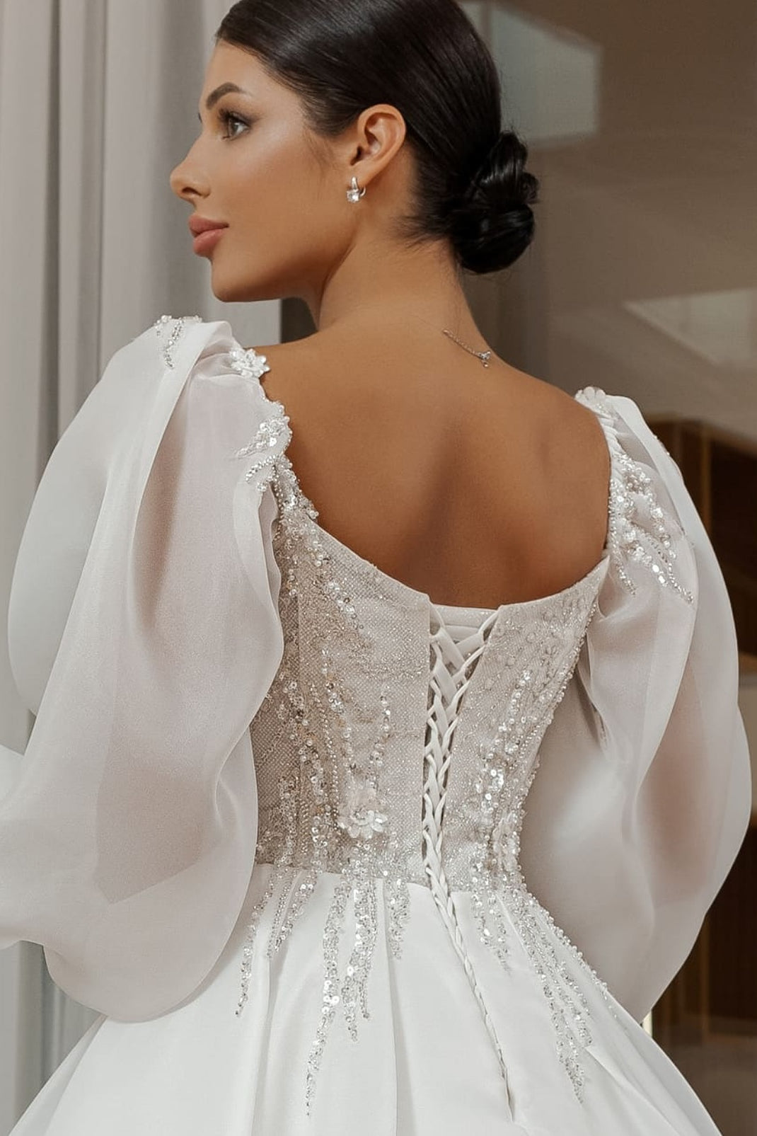 Off the Shoulder Bubble Sleeves Beaded Lace Wedding Dresses, A-line Wedding Dresses, Bridal Gown