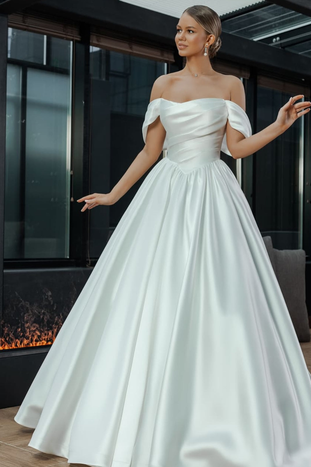 Off Shoulder A-line Shemmering Satin Wedding Dresses, Elegant Wedding Dresses, Bridal Gown