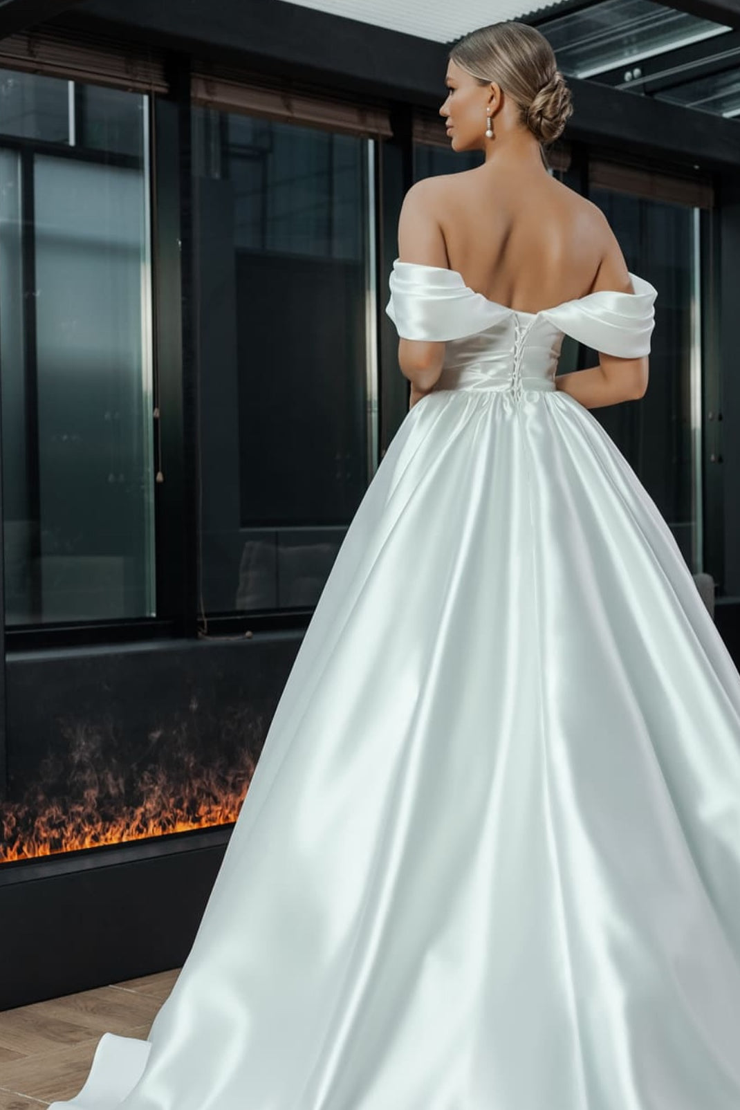 Off Shoulder A-line Shemmering Satin Wedding Dresses, Elegant Wedding Dresses, Bridal Gown