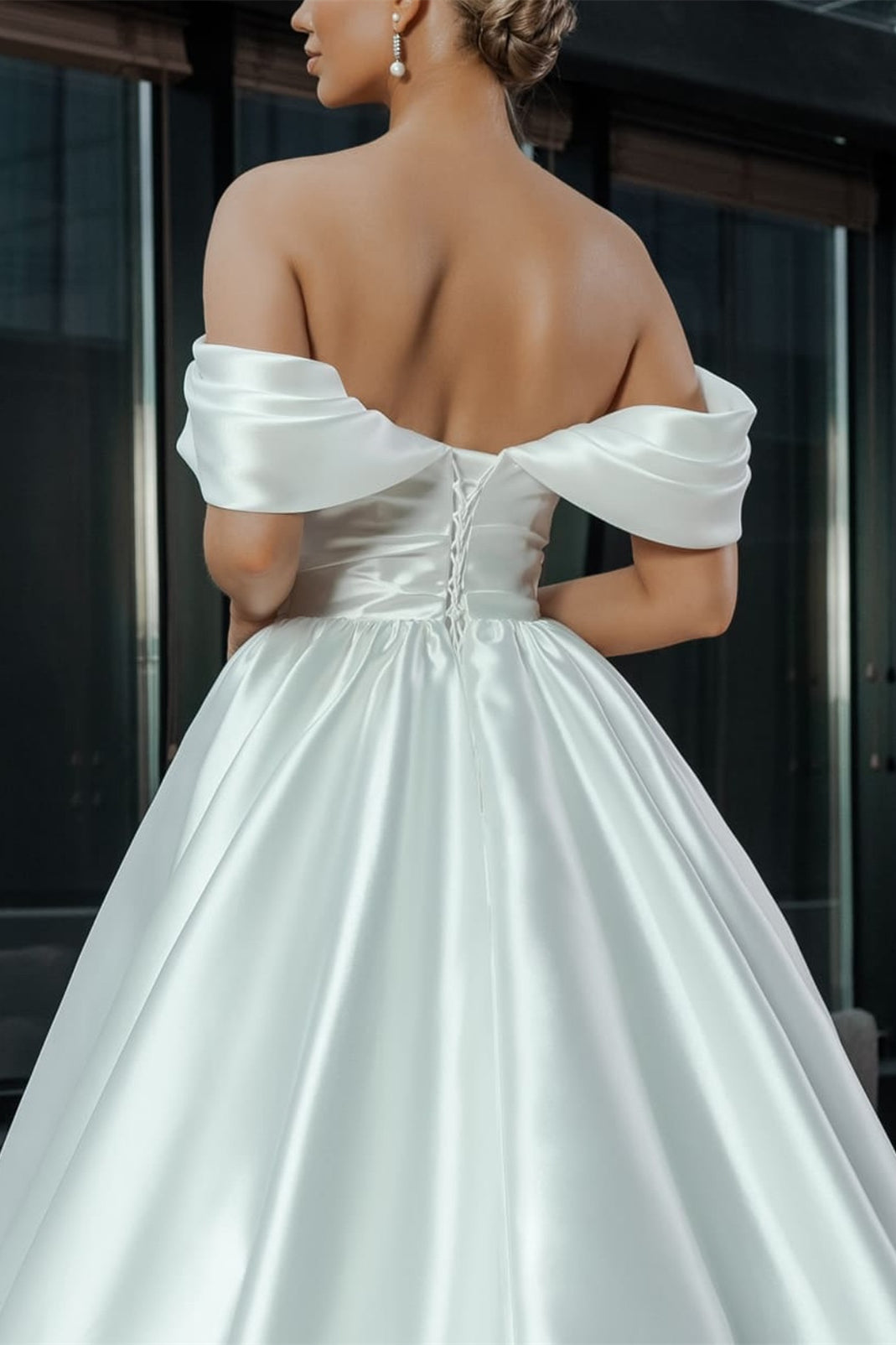 Off Shoulder A-line Shemmering Satin Wedding Dresses, Elegant Wedding Dresses, Bridal Gown