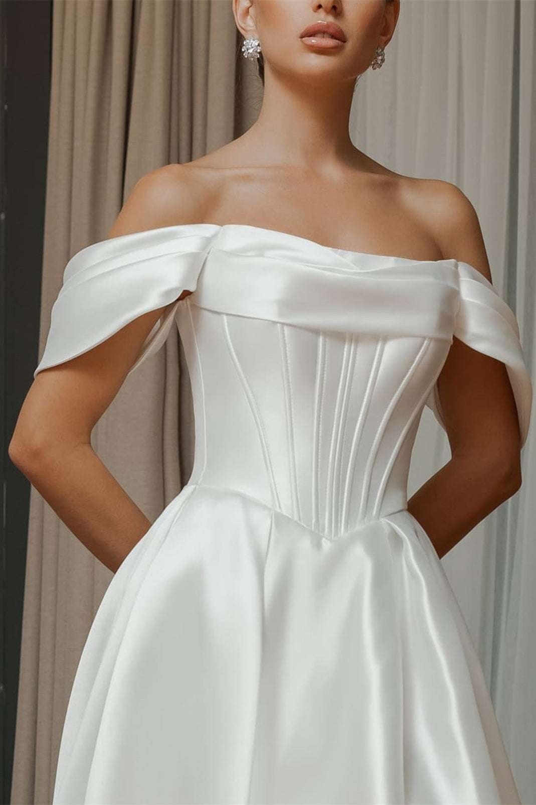 Off Shoulder A-line Corset Wedding Dresses, Classic Style Wedding Dresses, Bridal Gown, Satin Wedding Dresses