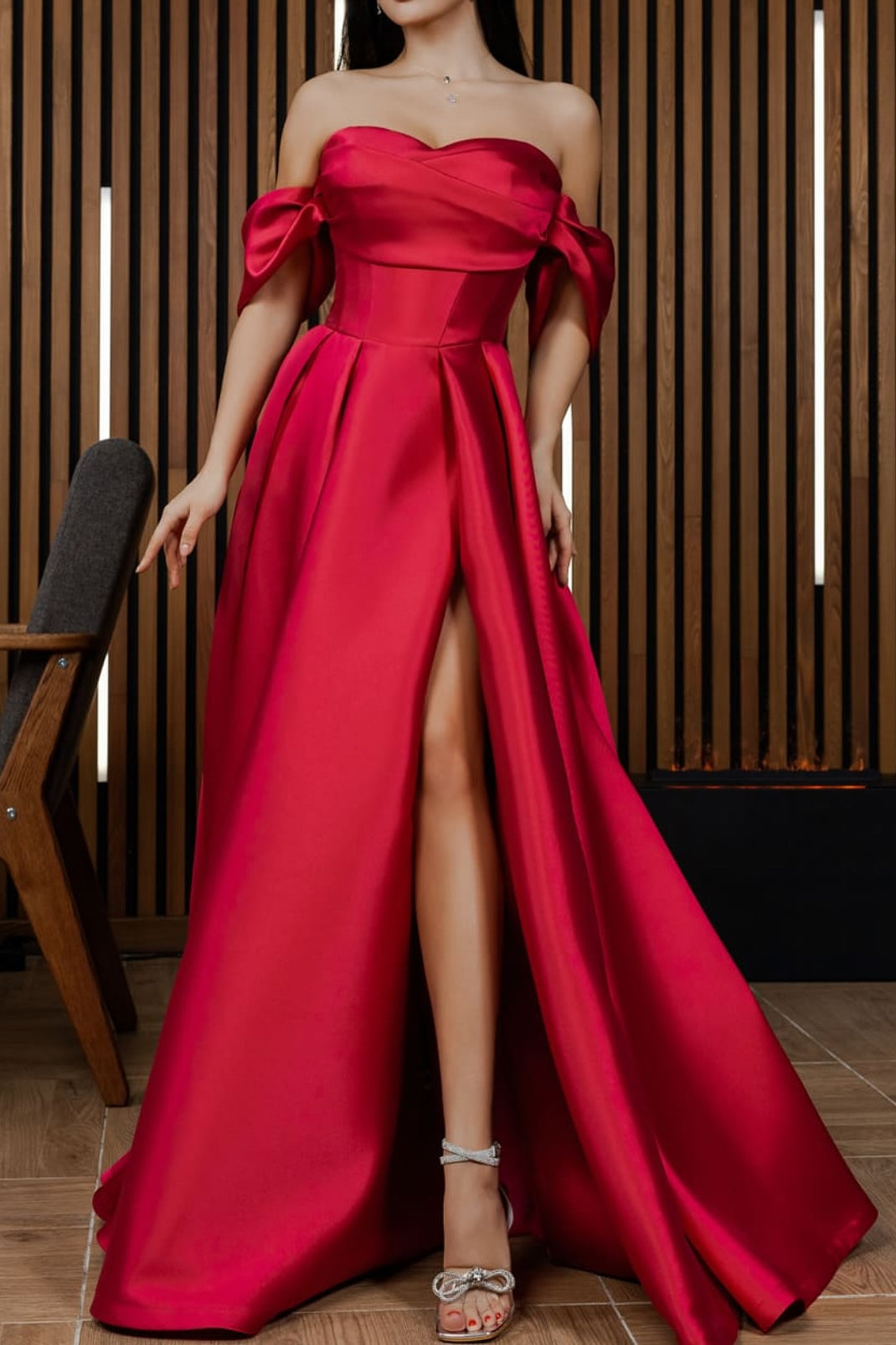 Off the SHoulder Red Satin A-line Prom Dresses, Side Slit Prom Dresses, Newest Prom Dresses, Evening Dresses