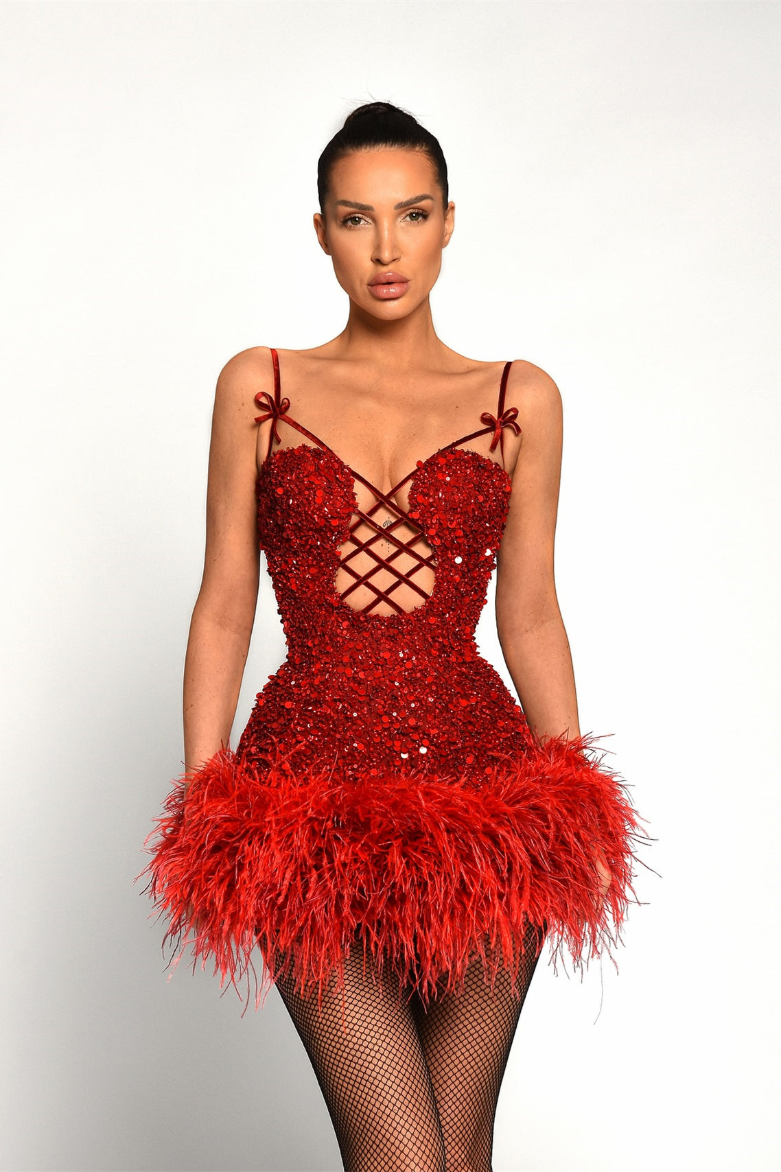 Spaghetti  Sexy Red Sequin Beaded Mini Dresses With Feathers, Short Prom Dresses, Homecoming Dresses