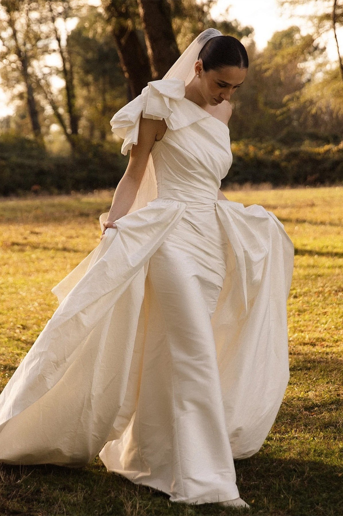 One Shoulder Pleated Wedding Dresses With Detachable Train, Country Wedding Dresses, Popular Wedding Dresses