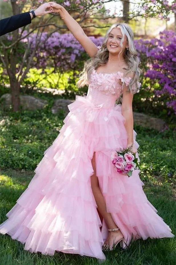 Off the Shoulder 3D Flowers Layers Cake Dresses With Bones, Cute Princess Dresses, Newest Prom Dresses