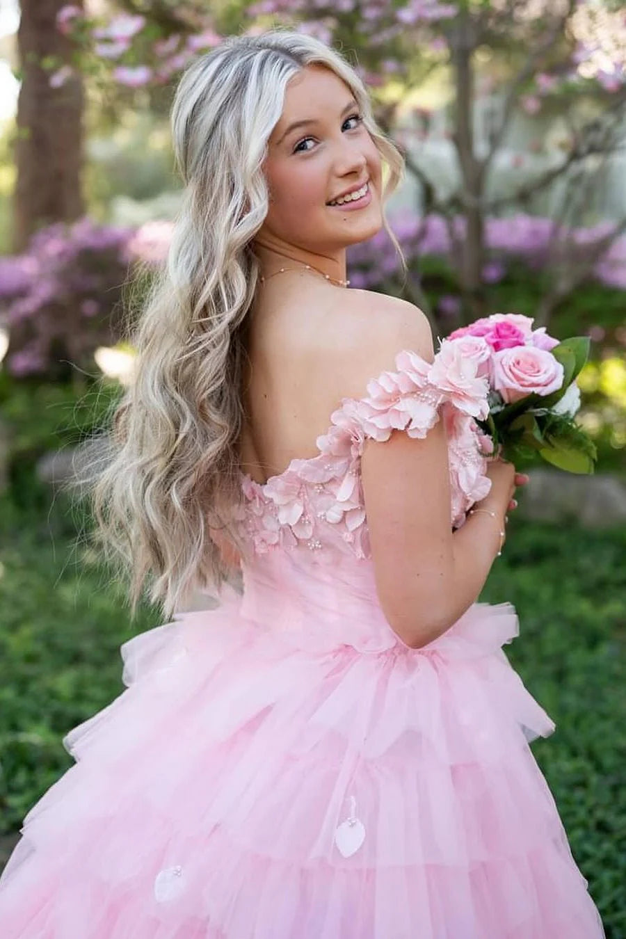 Off the Shoulder 3D Flowers Layers Cake Dresses With Bones, Cute Princess Dresses, Newest Prom Dresses