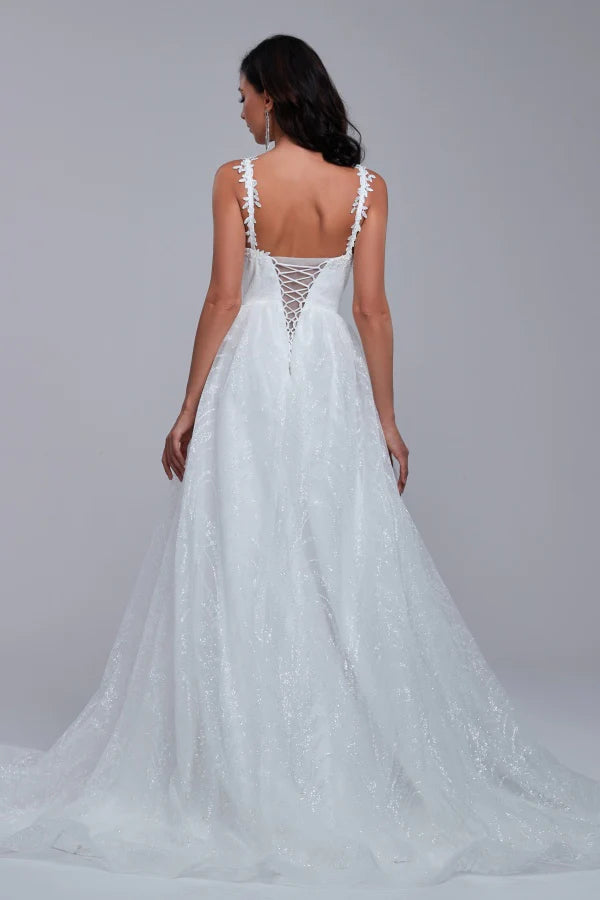 Deep V-neck Lace Wedding Dresses, Shiny Sequin Beaded Lace Bridal Gown, A-line Wedding Dresses