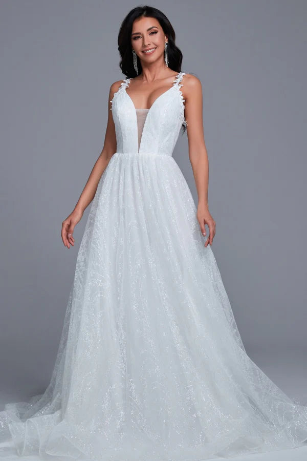 Deep V-neck Lace Wedding Dresses, Shiny Sequin Beaded Lace Bridal Gown, A-line Wedding Dresses