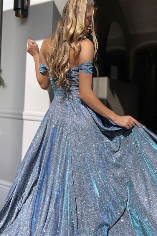 Off Shoulder A-line Shimmering Satin Prom Dresses, Side Slit Prom Dresses, Newest 2025 Prom Dresses