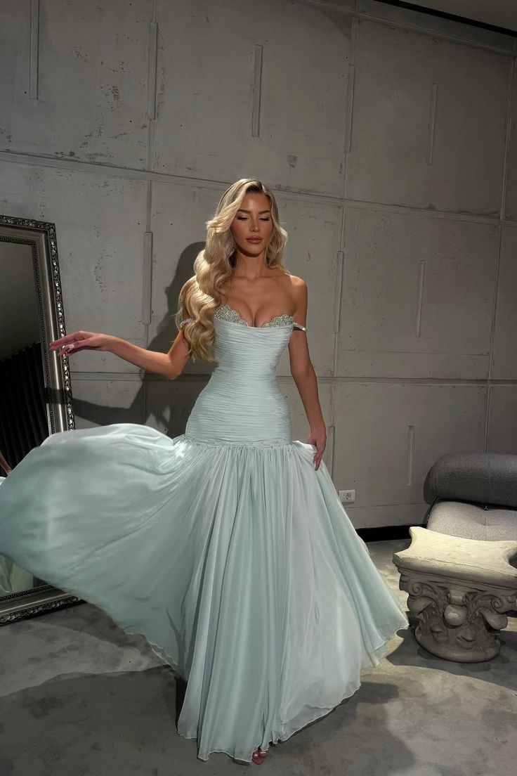 Baby Blue A-line Pleated Prom Dresses With beaded Details, Newest Prom Dresses