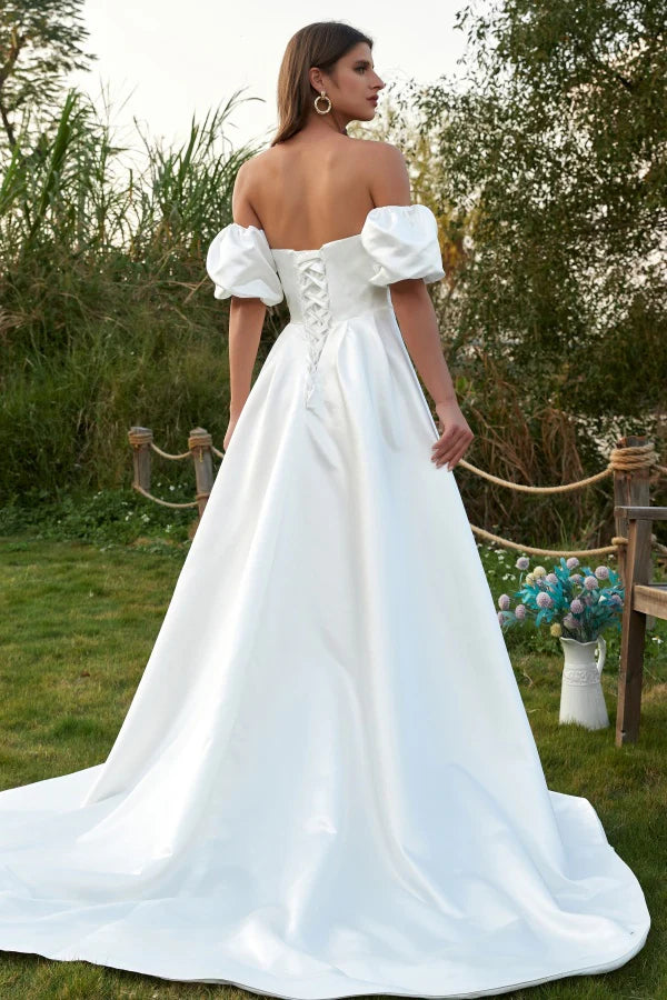 Chic A-line Satin Wedding Dresses WIth Detachable Bubble Sleeves, High Side Slit Wedding Dresses, Bridal Gown