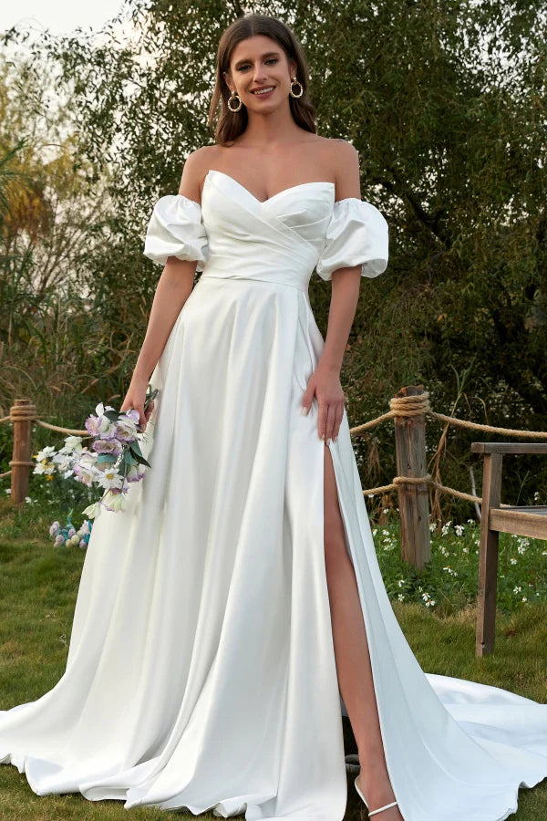 Chic A-line Satin Wedding Dresses WIth Detachable Bubble Sleeves, High Side Slit Wedding Dresses, Bridal Gown