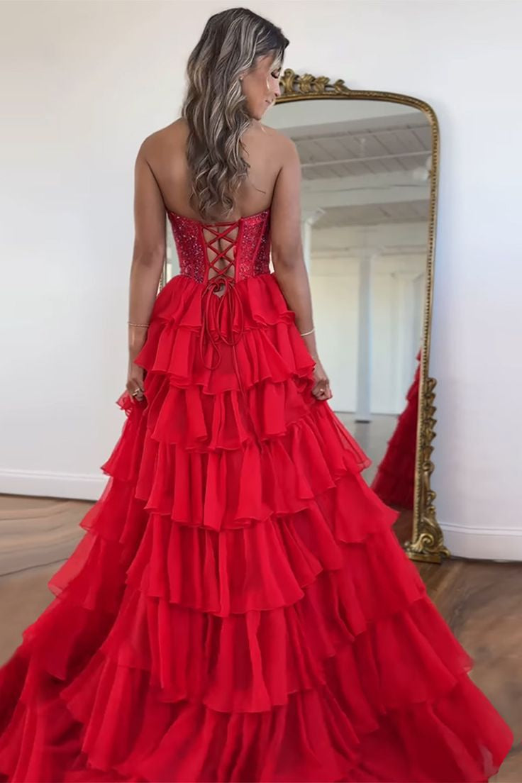 Strapless Red Shimmering A-line Ruffled Cake Prom Dresses With Bones, –  Berryera