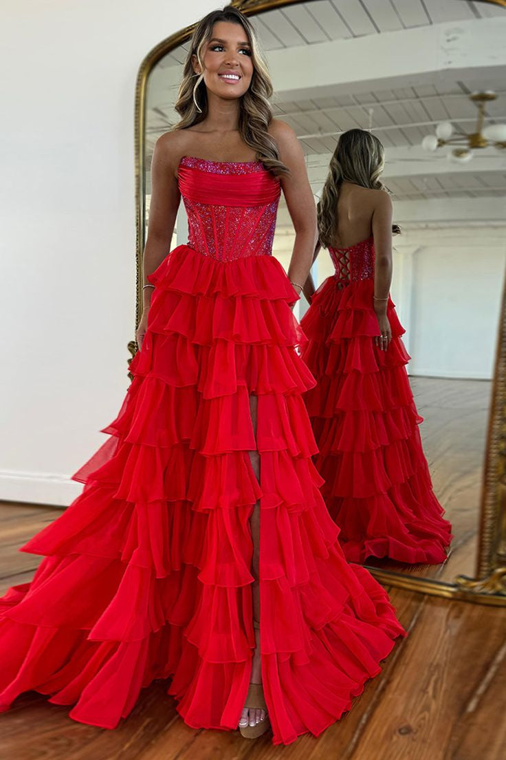 Strapless Red Shimmering A-line Ruffled Cake Prom Dresses With Bones, – Berryera Strapless Red Shimmering A-line Ruffled Cake Prom Dresses With Bones, – Berryera