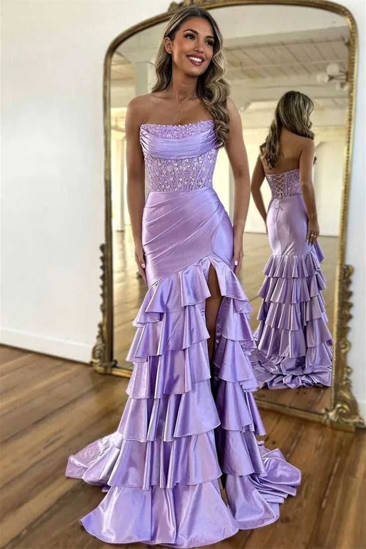 Strapless Long Mermaid Purple Satin Beaded Prom Dress, Formal Dresses, –  Berryera