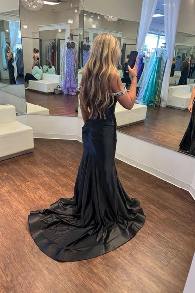 Off the Shoulder Long Mermaid Black Satin Prom Dresses With Lace Beaded Neckline, Newest Prom Dresses