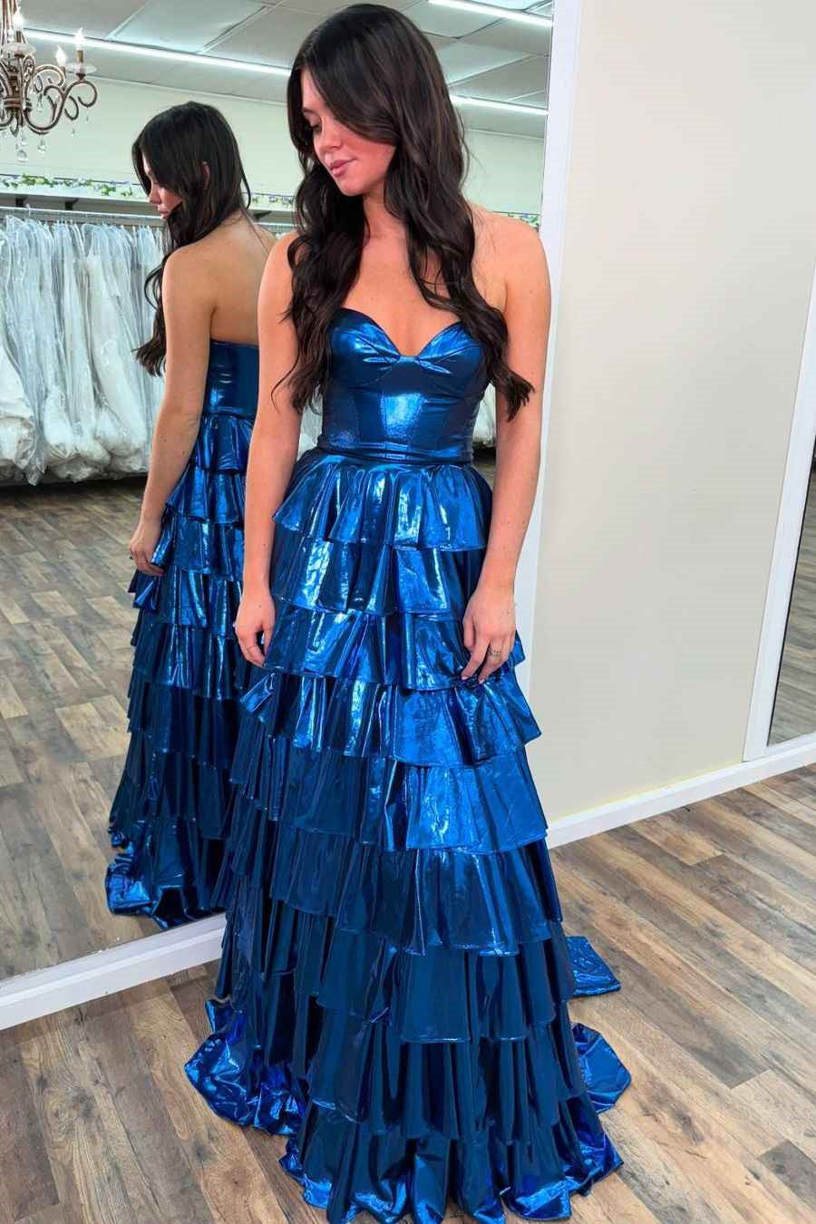 Sweetheart Long A-line Metalic Blue Prom Dresses, Ruffled Cake Prom Dresses, Newest Prom Dresses