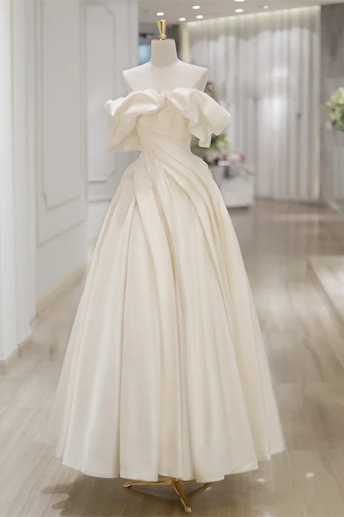 Off the Shoulder A-line Pleated Satin Prom Dresses, Simple Wedding Dresses, Bridal Gown