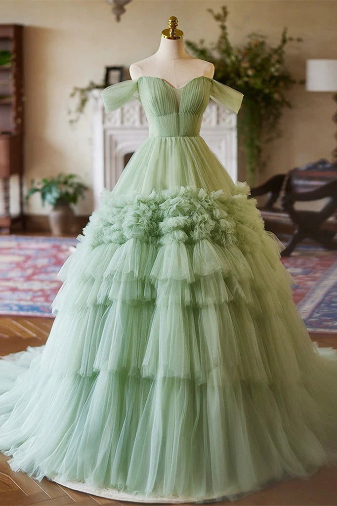 Off Shoulder A-line Green Ruffles Tulle Prom Dresses, Ball Gown, Newest Prom Dresses