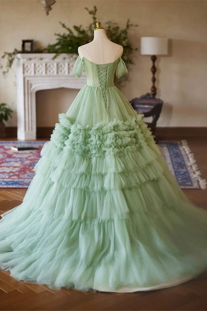 Off Shoulder A-line Green Ruffles Tulle Prom Dresses, Ball Gown, Newest Prom Dresses