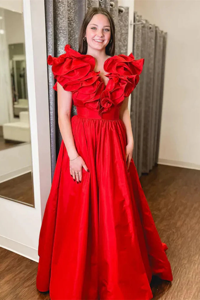 A-line V-neck Red Ruffle Neckline Pretty Satin Prom Dresses, Newest Prom Dresses