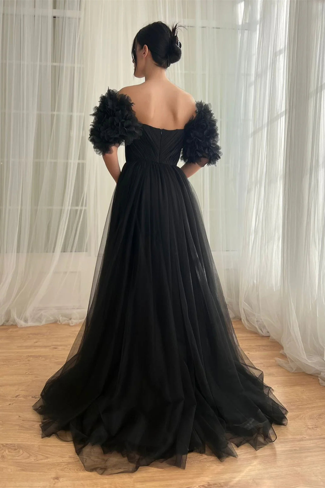 V-neck Black Tulle Elegant A-line Prom Dresses, 3D tulle Floral Detachable Sleeves, Newest Prom Dresses, Little Black Dresses