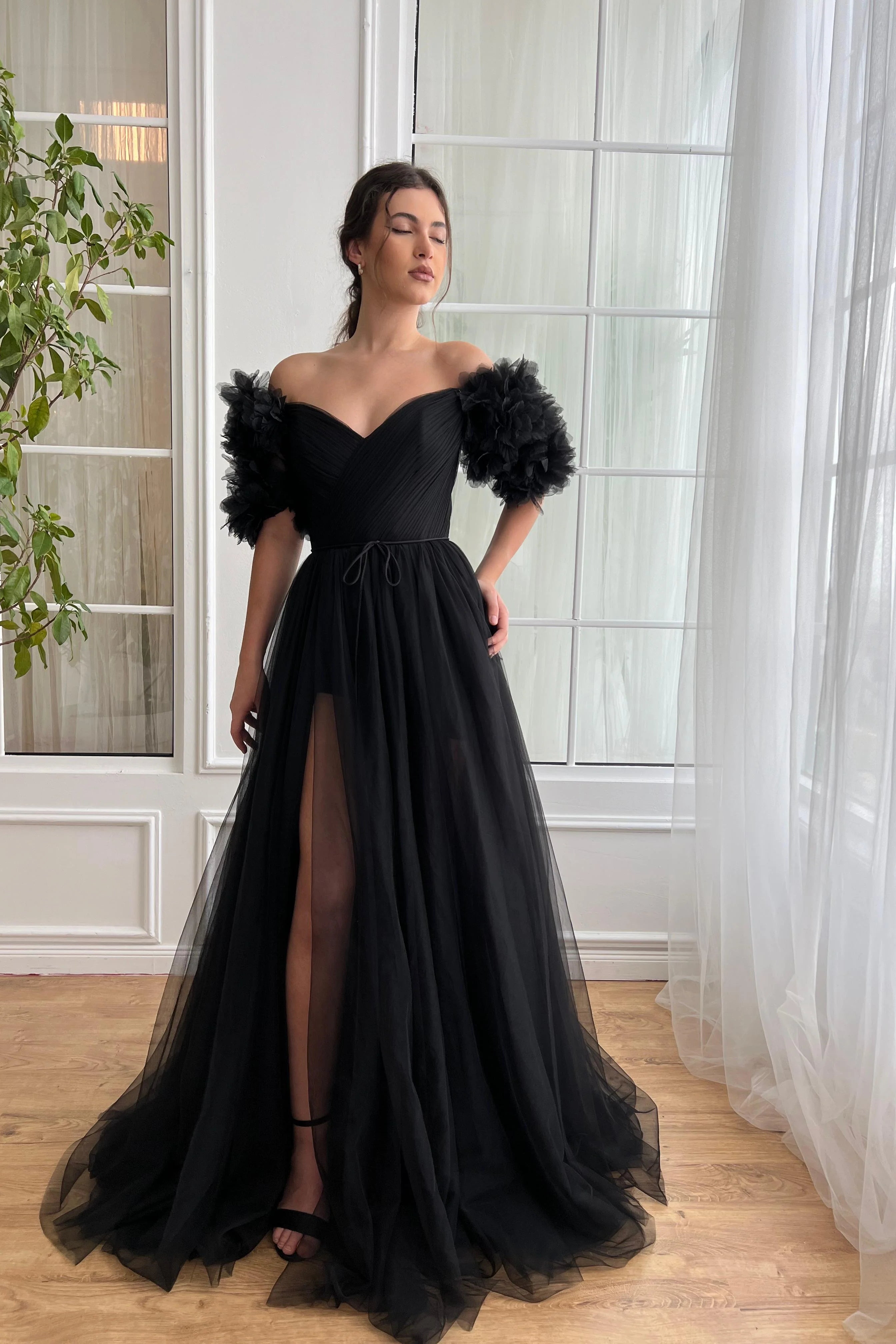 V-neck Black Tulle Elegant A-line Prom Dresses, 3D tulle Floral Detachable Sleeves, Newest Prom Dresses, Little Black Dresses