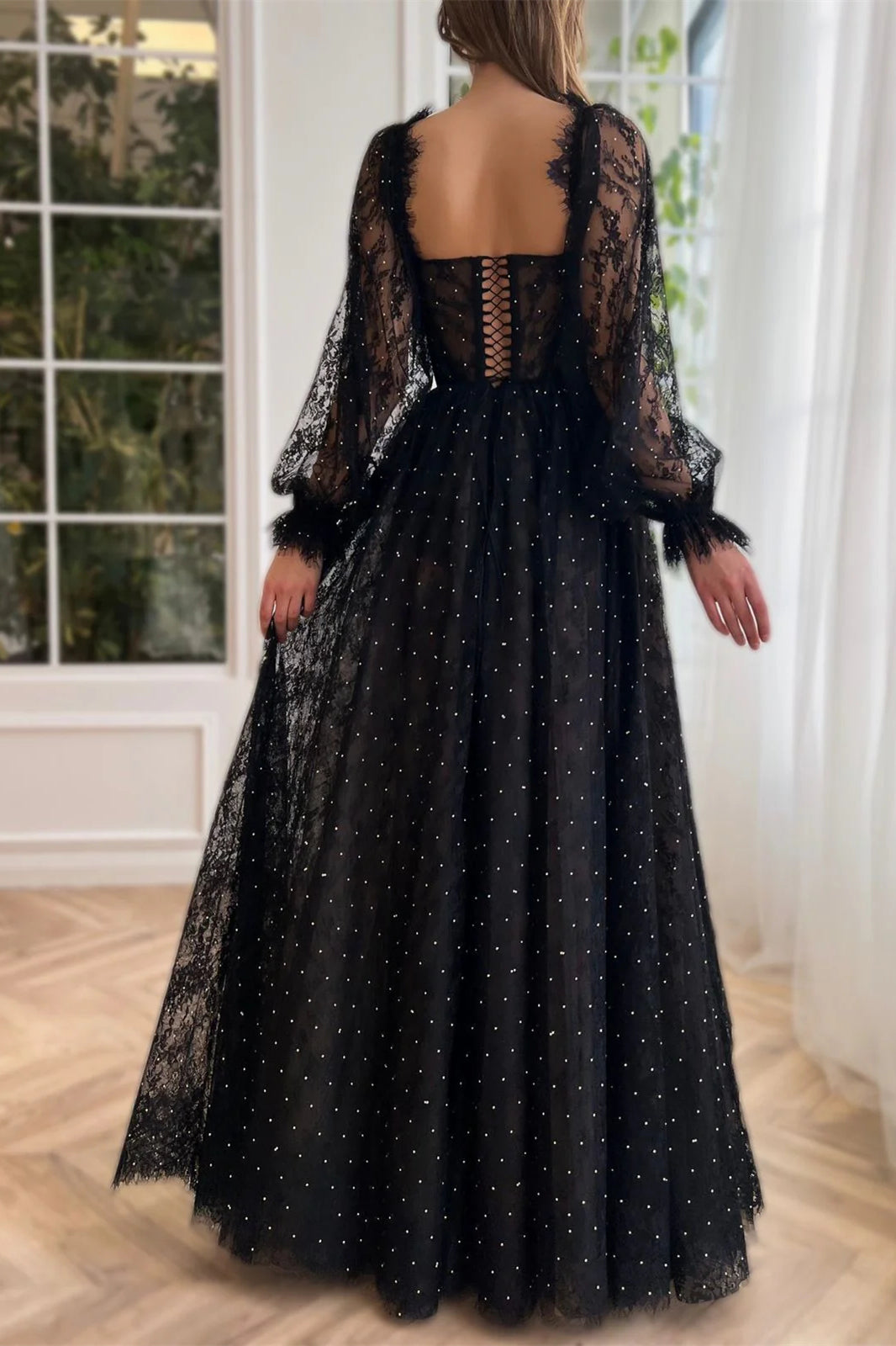 Long Sleeves Black Lace Tulle Prom Dresses, Side Slit Prom Dresses, Newest 2025 Prom Dresses