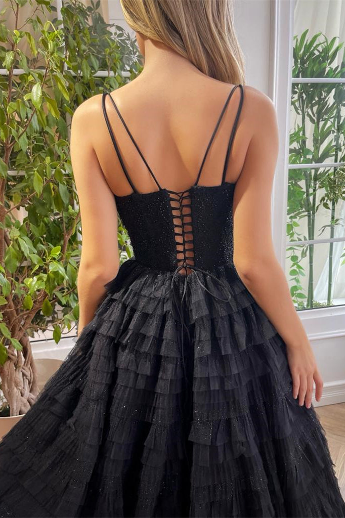 Black A-line Ruffled Prom Dresses With Beaded Details, Newest Prom Dresses, Popular Prom Gown