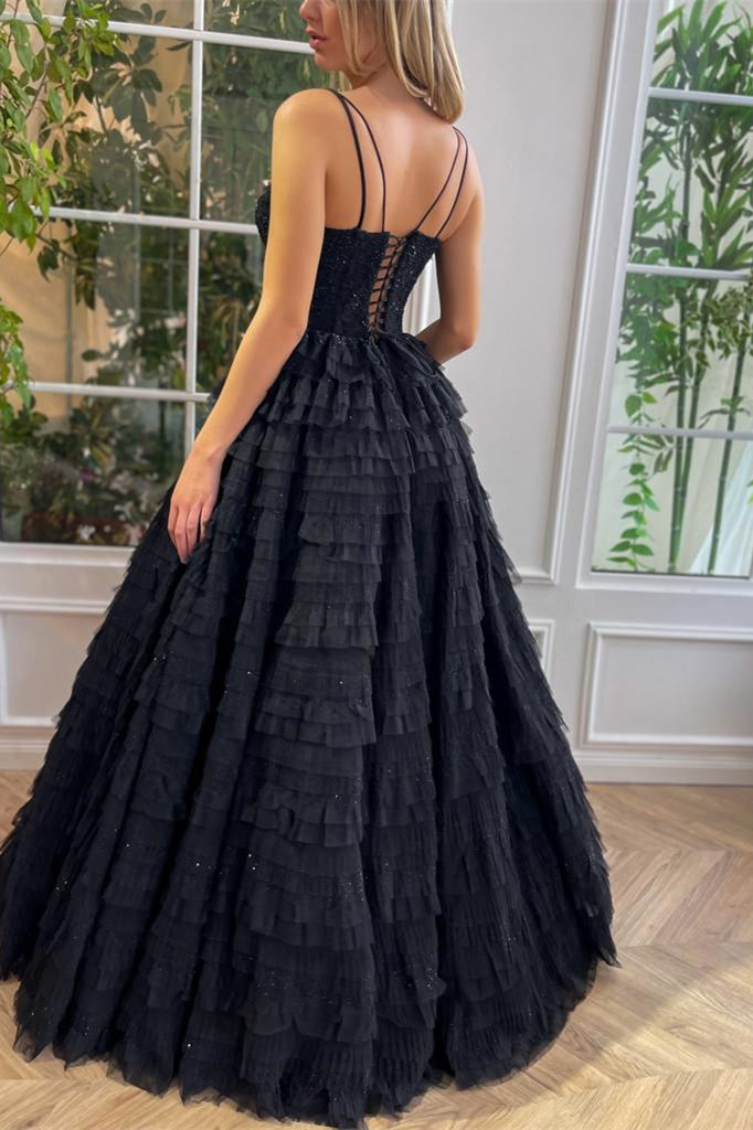 Black A-line Ruffled Prom Dresses With Beaded Details, Newest Prom Dresses, Popular Prom Gown