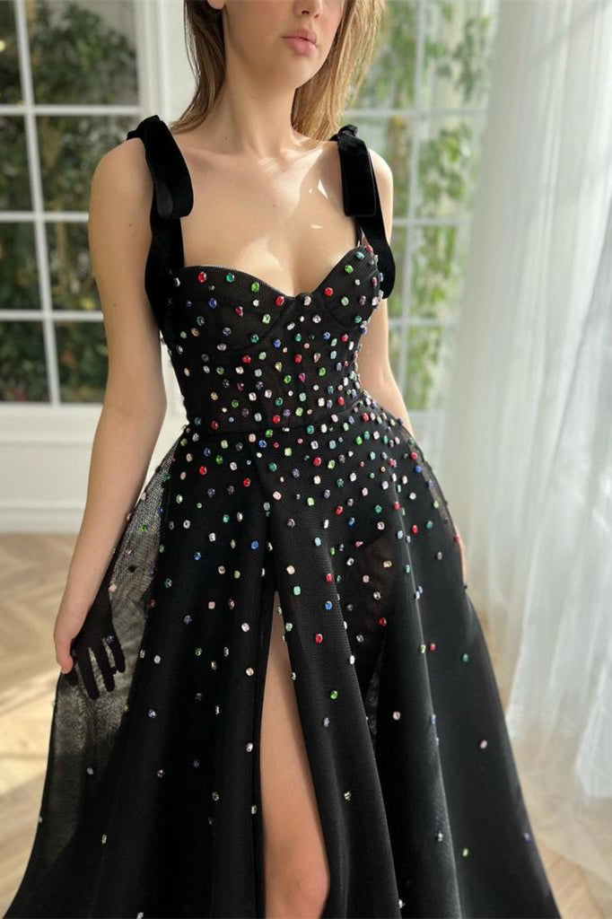 Black A-line Bow Straps Prom Dresses, Embroidered Jewels High Quality Prom Dresses, Newest Prom Dresses