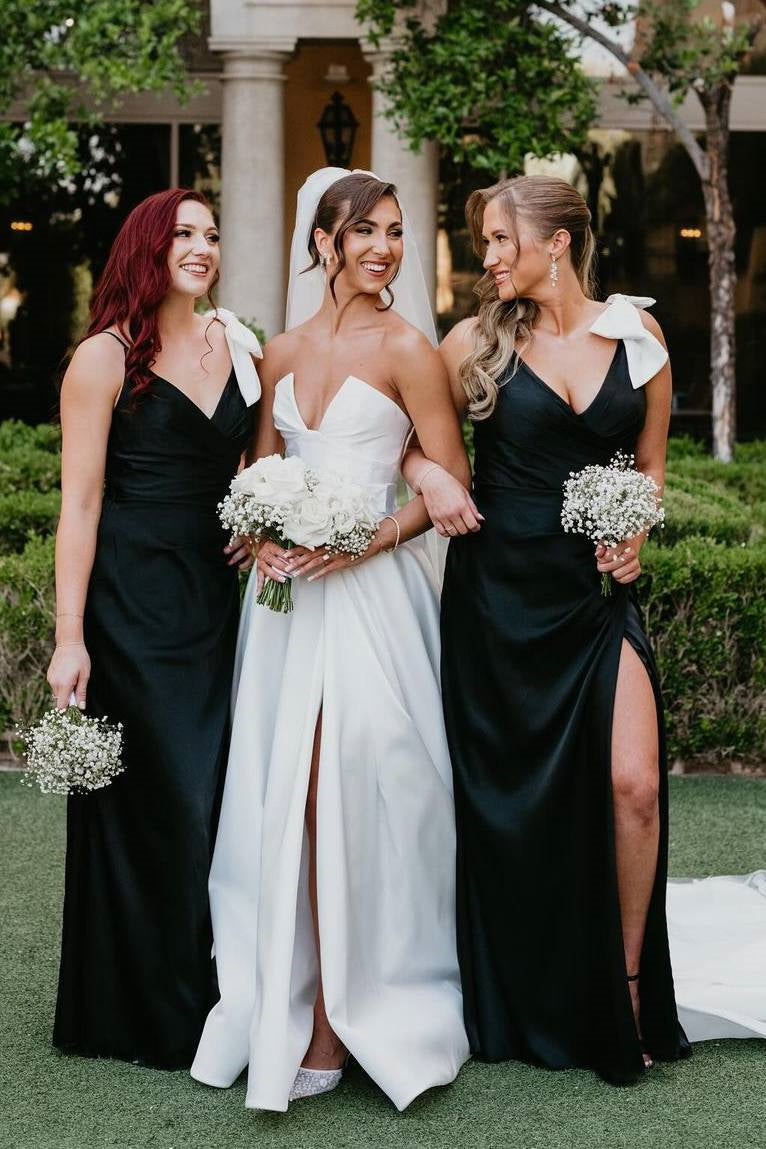 V-neck Black Soft Satin Sheath Long Bridesmaid Dresses WIth White Bow, Wedding Party Dresses, Newest Prom Dresses