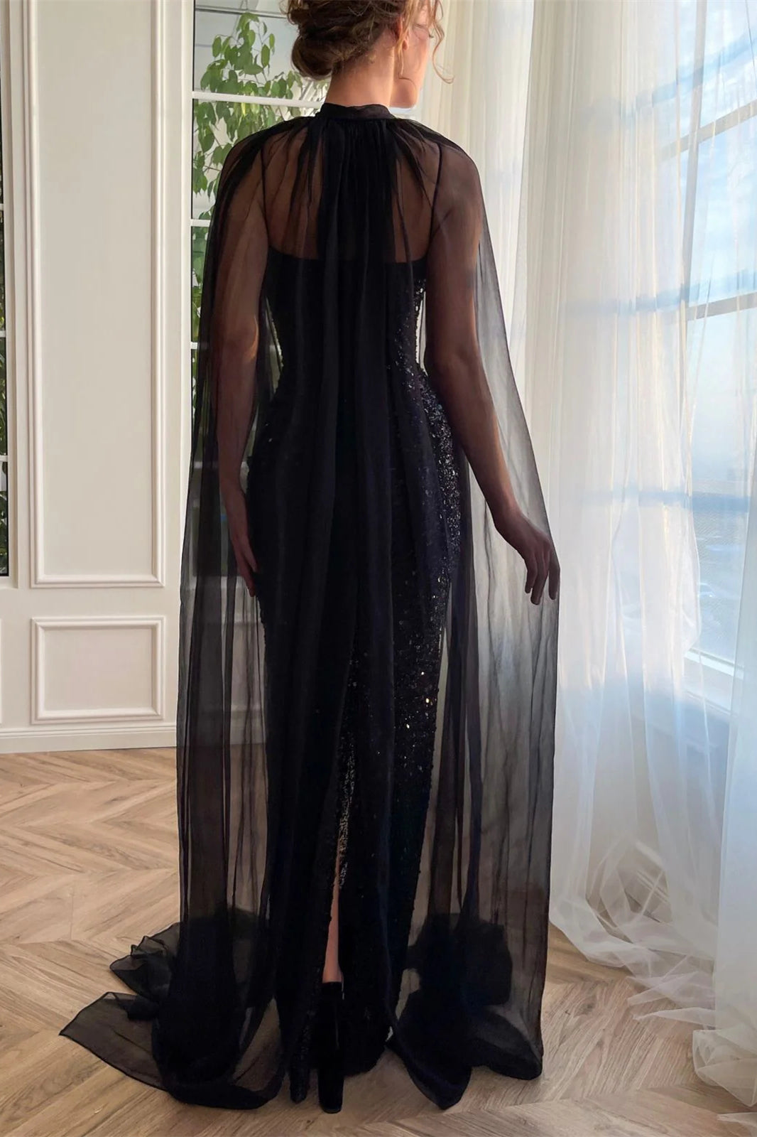 Spaghetti Black Sequin Mermaid Gown With Detachable Cape, Newest Prom Dresses, Evening Dresses