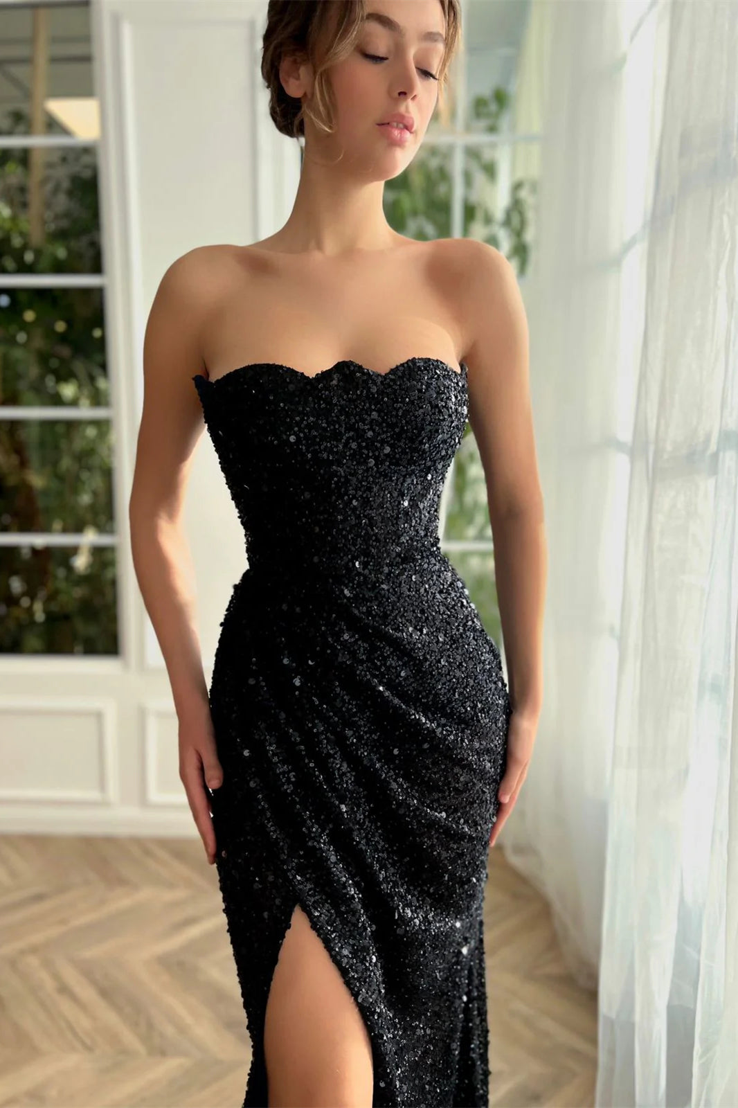 Black Sleeveless Sequin Beaded Mermaid Prom Dresses, High Side Slit Prom Dresses, Newest Prom Dresses