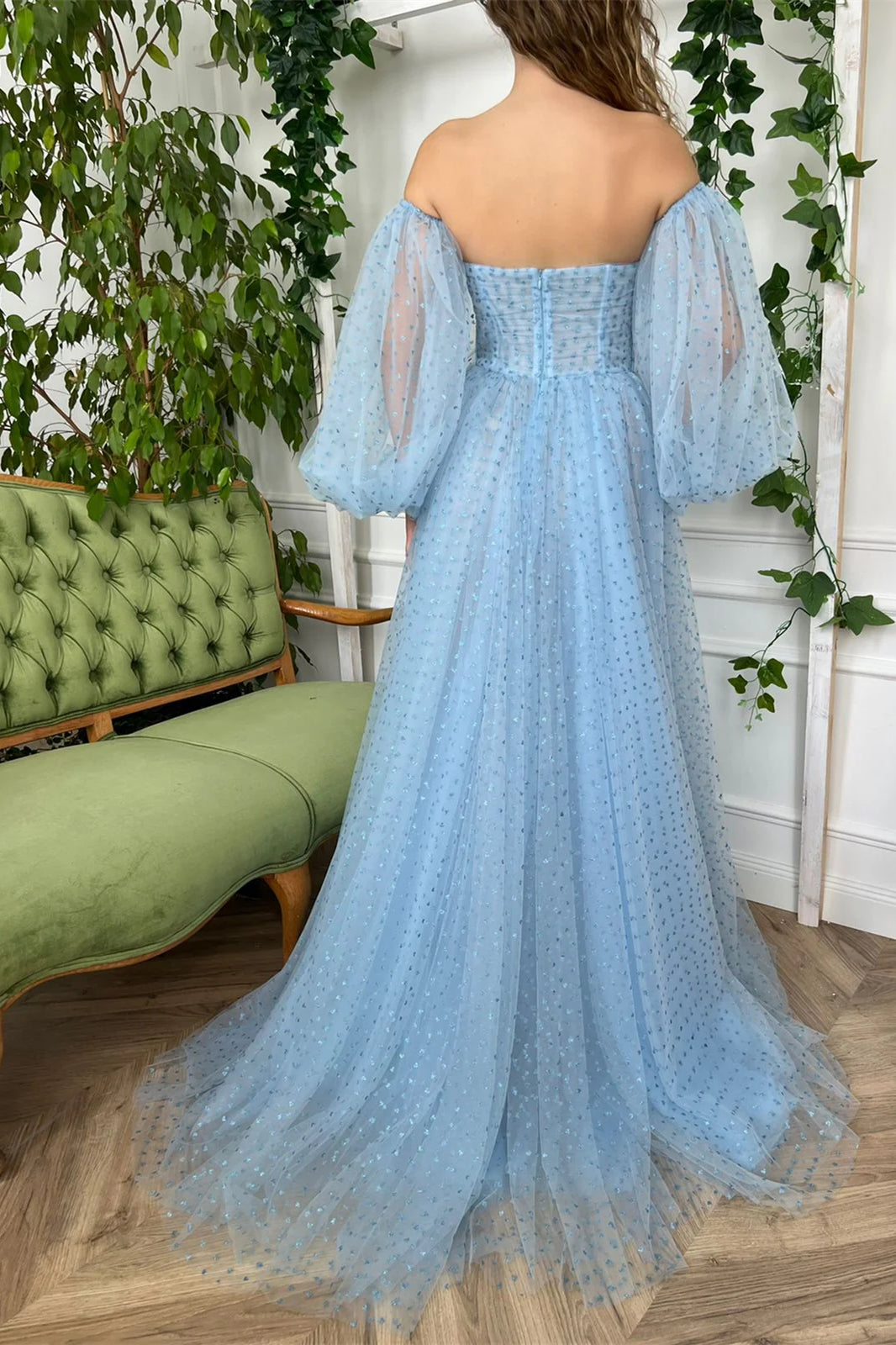 Blue Polka Dots A-line Prom Dresses With Detachable Sleeves, Side Slit Prom Dresses, Lovely Party Dance Dresses