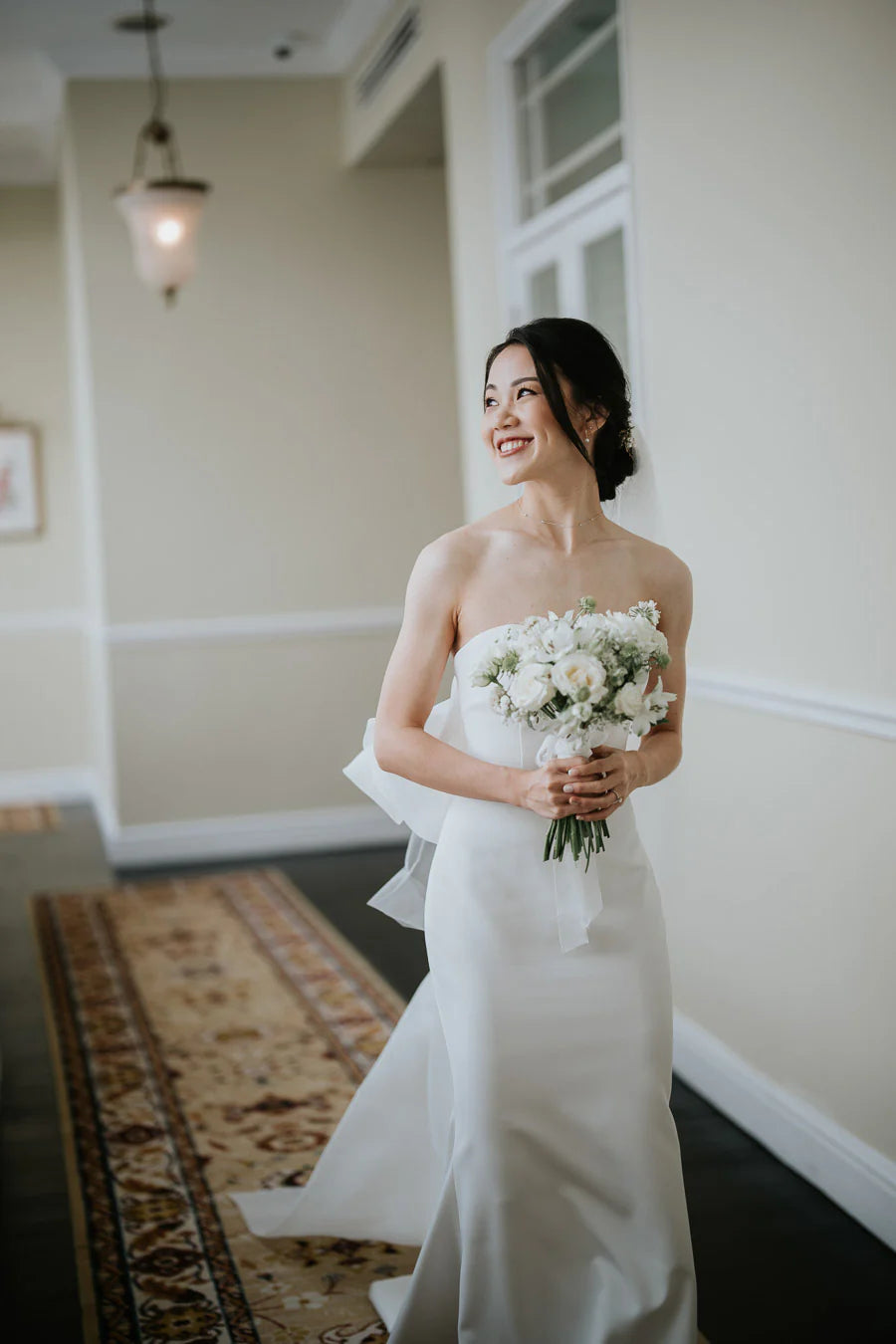 Simple Satin Mermaid Gown With Organza Ruffle Bow Train, Chic Wedding Dresses