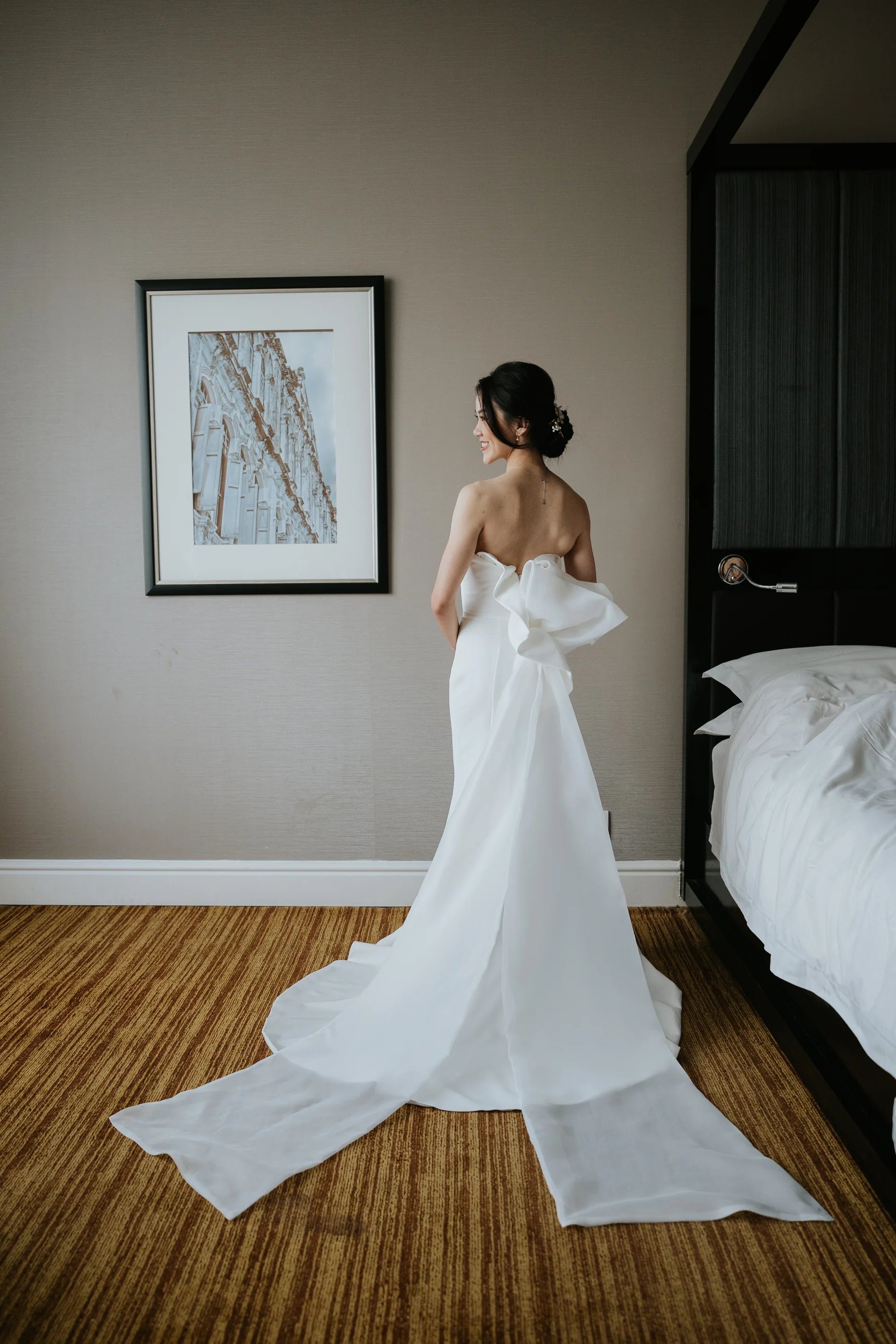 Simple Satin Mermaid Gown With Organza Ruffle Bow Train, Chic Wedding Dresses