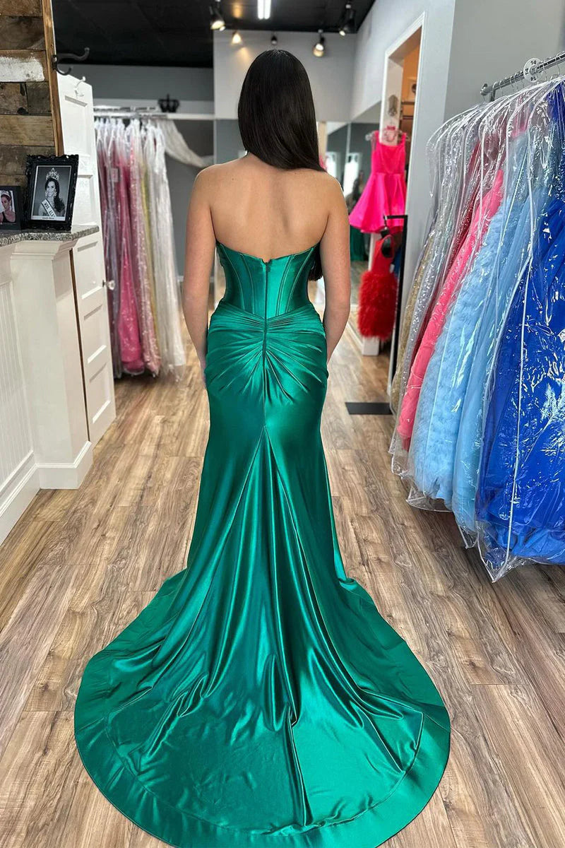 Sweetheart Long Mermaid Side Slit Prom Dresses, Satin Pleated Dresses, Maxi Dresses, Newest Prom Dresses, Long Bridesmaid Dresses